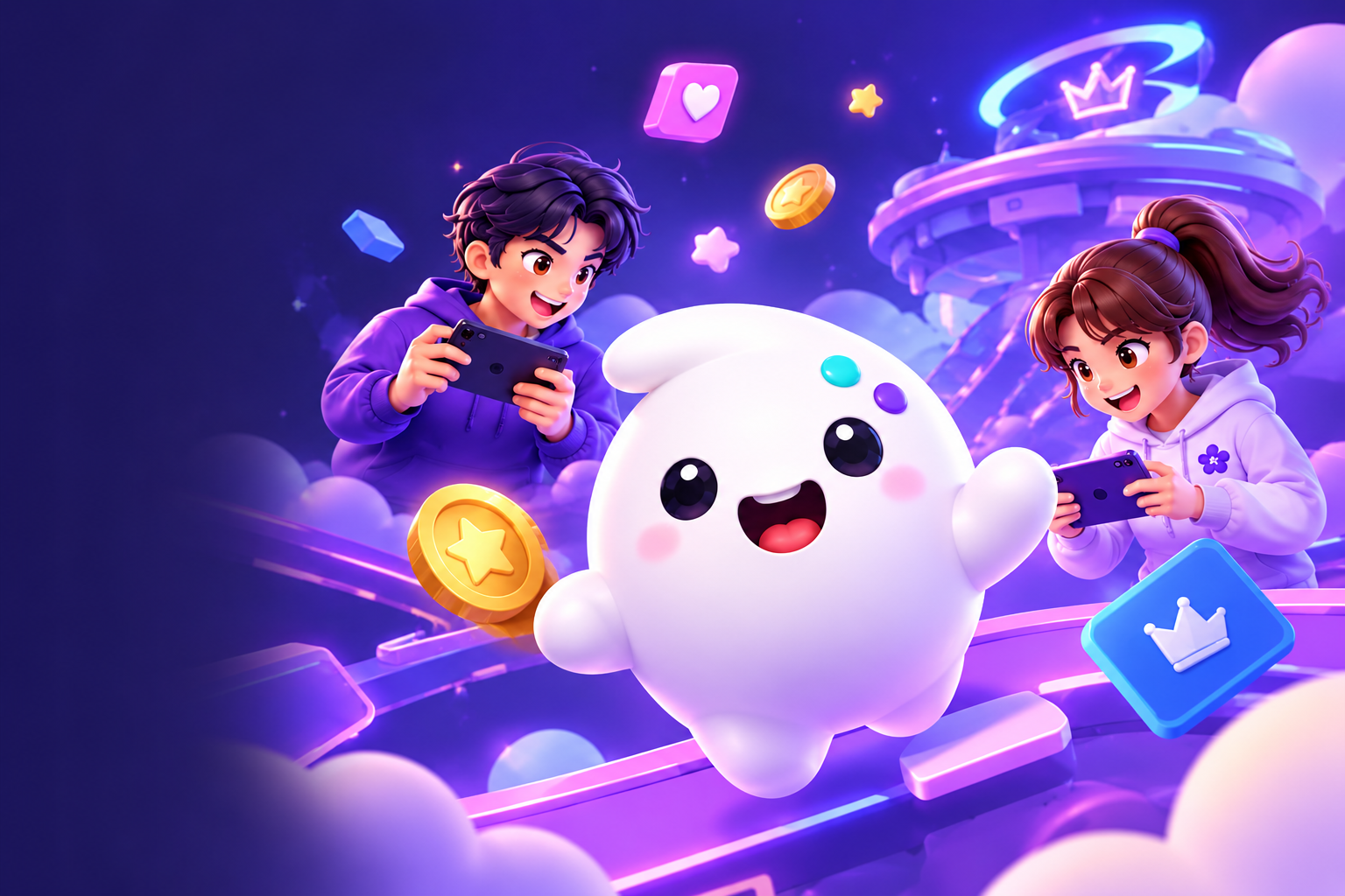 DooDoo with its curved head tuft, waving in a purple game world with two players and gold coins