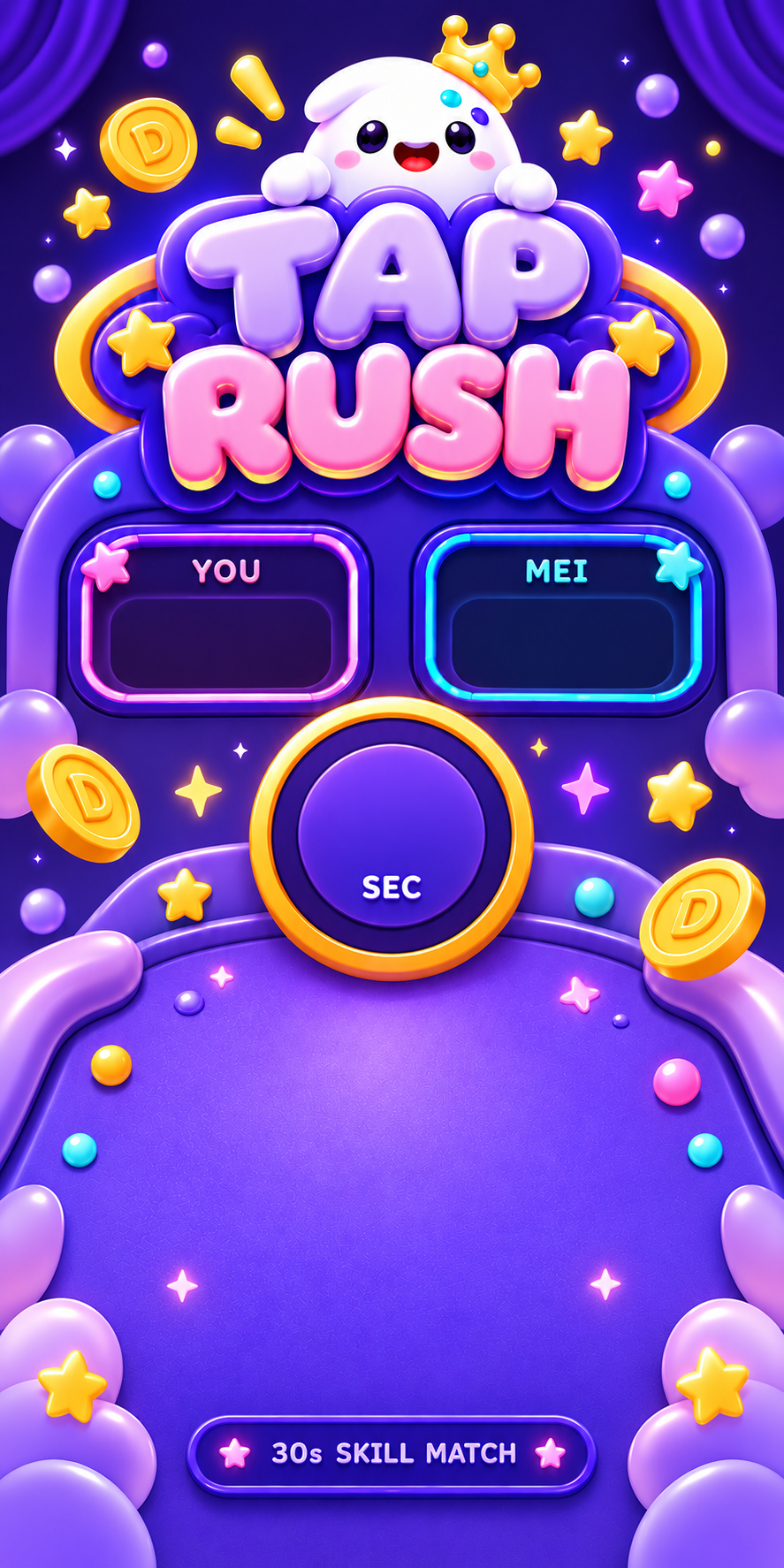 Tap Rush candy-purple arcade with crowned DooDoo mascot, pink and cyan score panels, and a golden timer